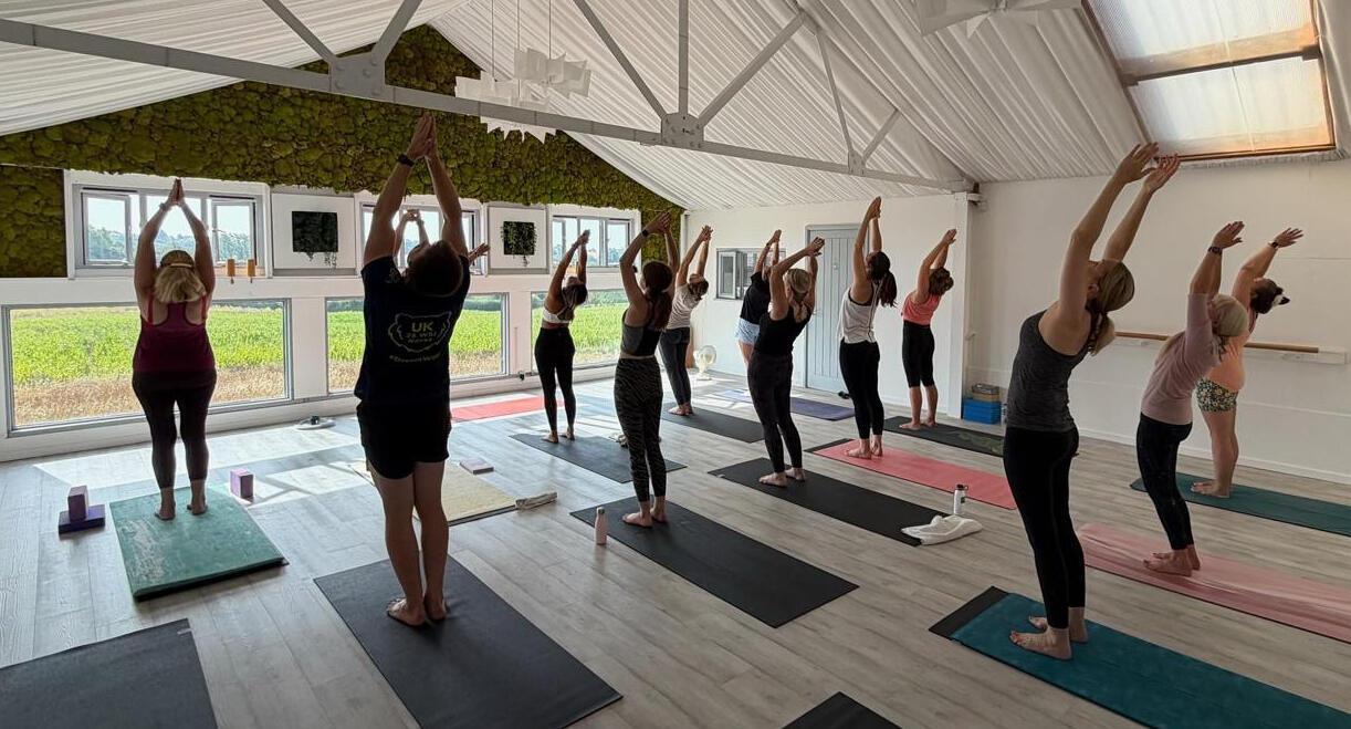 Yoga class standing in sun salutation at Thaxted Wellness Hub, Ess